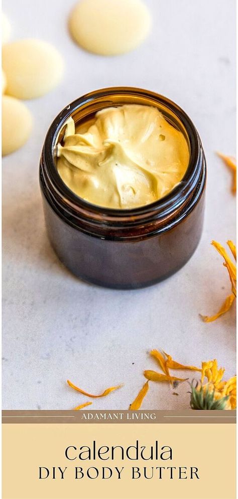 Calendula Body Butter, Medicinal Herbs Recipes, Calendula Skincare, Calendula Lotion, Body Butter Recipes, Benefits Of Calendula, Diy Body Butter Recipes, Vegan Info, Homemade Lotions