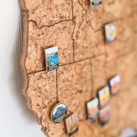 These National Park enamel pins are the best! What a great way to memorialize past adventures using our handmade cork maps! National Park Stickers Display Ideas, National Park Stickers Display, National Park Patches Display Ideas, National Park Map Display, Travel Map Diy Pin Boards, Travel Mural, Cork Map, National Park Patches, Enamel Pin Display