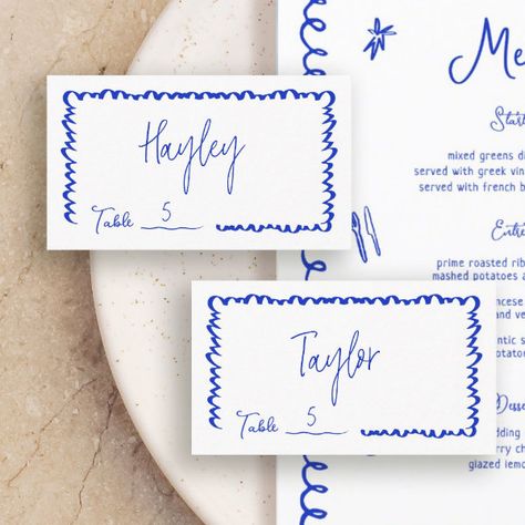 Hand Drawn Whimsical Fun Blue Wedding Table Flat Place Card Hand Drawn Place Cards, Wedding Table Place Cards, Blue Wedding Table, Handwritten Place Cards, Place Card Table Wedding, Table Name Cards, Hand Drawn Wedding, Table Place Cards, Kids Stationery