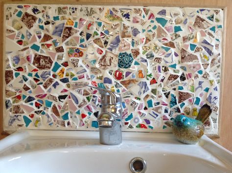 Mosaic Splashback Bathroom, Mosaic Shelf, Mosaic Splashback, Crockery Mosaic, Broken Tile Mosaic, Bathroom Mosaic, Mosaic Sink, Mosaic Bathroom Tile, Eclectic Tile