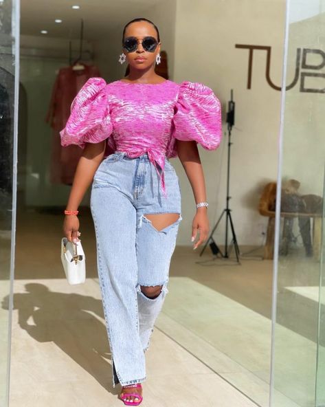 Mom Jeans Inspo: How To Slay The Trend Effortlessly | GlamCityz Material Top Styles For Ladies, Top Styles For Ladies, Horseshoe Jeans, Ankara Top Styles, 2piece Outfits, Chic Dress Classy, Exaggerated Sleeves, Classy Dress Outfits, African Print Fashion Dresses