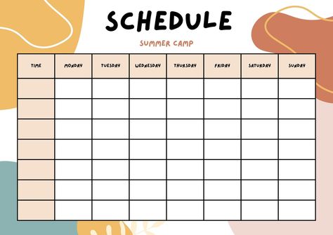 Yellow Organic Summer Camp Schedule - Templates by Canva Weekly Time Table Planner, Aesthetic Timetable Ideas, Class Time Table Chart Ideas, Time Table Template, University Timetable, Schedule Wallpaper, Camp Schedule, Free Planner Inserts, Class Schedule Template