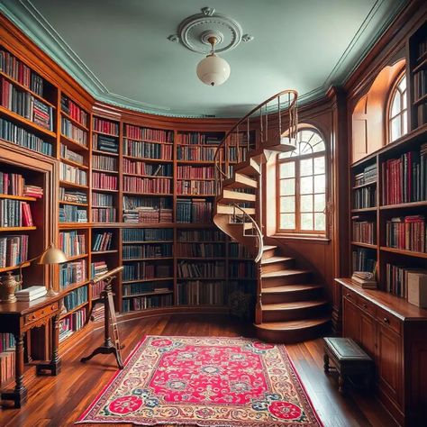 An antique library with towering bookshelves and a spiral staircase. #antique #library #toweringbookshelves #spiralstaircase #artgallery #artificialintelligence #white #WhatsApp #freepik #jetro003p Spanish Mission Style, Wooden Library, Spanish Mission, Antique Library, Web Blog, Mission Style, World Of Books, Spiral Staircase, Under Stairs