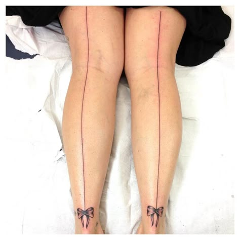 Stocking Tattoos For Women, Stocking Line Tattoo, Stocking Seam Tattoo, Bow Tie Tattoo Leg, Back Leg Bow Tattoo, Tattoo Bows Leg, Bow Tattoo Back Of Leg Ribbons, Stocking Tattoo, Bow Tattoo Thigh