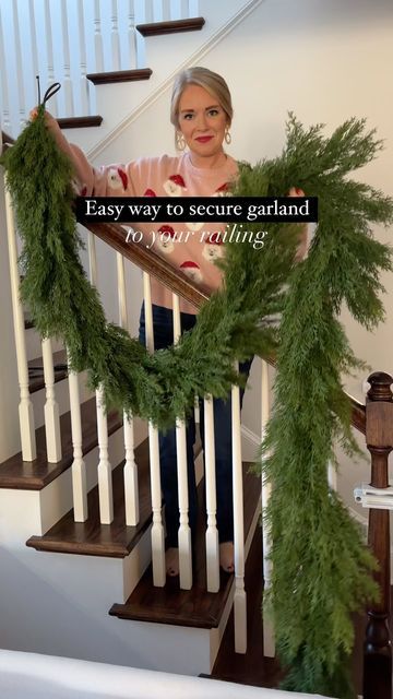 Marissa Fidler | Holiday Home Decor on Instagram: "The EASIEST way to secure garland to your railing is… to use zip ties! I’ve tried it all…and the best way to actually keep it up throughout the entire holiday season is to secure with zip ties 🙌🏻 SAVE this post for Christmas and comment SHOP for direct links (my cute Santa sweater is linked too!)🛍️ What I used below 👇🏻 ✨ I used 14” zip ties at the top middle and bottom of railing and hid the zip ties with satin ribbon! ✨ I used floral wire to secure the bows and stockings to the garland ✨ I used gorgeous garland from @finerlydecor! It’s selling out fast but she still has a few options in stock! Use code MARISSA10 for 10% off! #christmasgarland #christmasdecorideas #christmasdecorating #holidaydecorations #holidaygarland" How To Tie Garland To Stairs, How To Hang Garland On Stairs, Railing Garland Christmas, Garland On Stairs, Santa Sweater, Holiday Garlands, Cute Santa, Floral Wire, Zip Ties