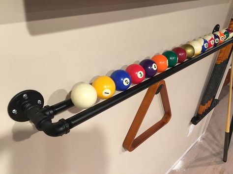 Pool Table Room Furniture, Pool Ball Decorations, Industrial Billiard Room, Billard Lighting Ideas, Billiard Room Decor Ideas, Billiard Balls Repurpose, Diy Pool Table Light Ideas, Billards Room Decor Rustic, Small Pool Room Ideas