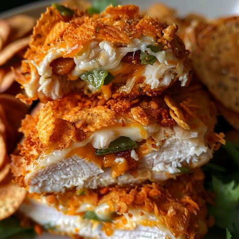 Stuffed Doritos Chicken Doritos Recipes Dinners, Doritos Stuffed Chicken, Dorito Stuffed Chicken, Chicken Doritos Recipes, Dorito Recipes Ideas, Chicken Nugget Meal Ideas, Dorito Crusted Chicken, Stuffed Doritos, Dorito Chicken Tenders