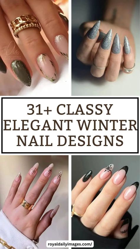 Elegant Winter Nail Designs | 31+ Classy Looks to Obsess Over Almond Shape Nails Designs Winter, New Year Classy Nails, Classy January Nails, New Years Nail Designs Almond Shape, January Nail Designs Almond Shape, Winter Almond Nail Designs, January Nail Art Winter, Fancy Winter Nails, Elegant Nails Classy Simple Almond