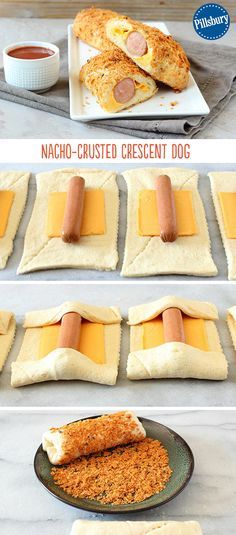 A fun twist on hot dogs! These crescent dogs get a nacho-inspired makeover no one will be able to resist. Simply wrap crescent dough around the dog with cheese, roll each in crushed nacho chips and bake to golden perfection! Crescent Dogs, Cheese Roll, Nacho Chips, Pillsbury Recipes, Crescent Roll Recipes, Crescent Dough, Hot Dog Recipes, Dog Recipes, Sausages