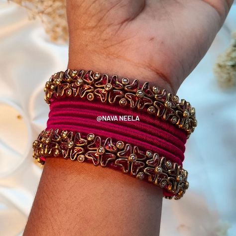 Semi-bridal maroon, rich and deep, In every twist, traditions keep. A love so strong, forever to sweep. ❤️💫💍 . . . Design Code - Nava0051 . . “Get yours now in your favorite color! 🎨✨" . . "Customize bangles with raw silk thread! 🎨💫@nava.neela" . . DM us on Instagram or WhatsApp to 8300830771 . . #navaneela #bangles #silkthreadbangles #silkthreadjewelry #kundanbangles #weddingbangles #bridalbangles #returngifts #festivebangles #southindianbangles #bride #bangleset #weddinginspiration #Indianw... 3d Silk Thread Bangles, Thread Bangles Silk Handmade, Tread Bangles, Jhumka Design, Silk Thread Earrings Designs, Bangle Making, Bangle Ceremony, Fabric Bangles, Silk Thread Bangles Design