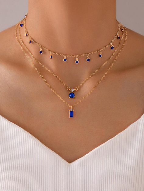 2pcs/set Rhinestone Decor Necklace | SHEIN USA Blue Crystals Stones, Sapphire Necklace Pendants, Sapphire Pendant, Trendy Necklaces, Necklace Charm, Fancy Jewelry, Geometric Pendant, Blue Jewelry, Blue Necklace