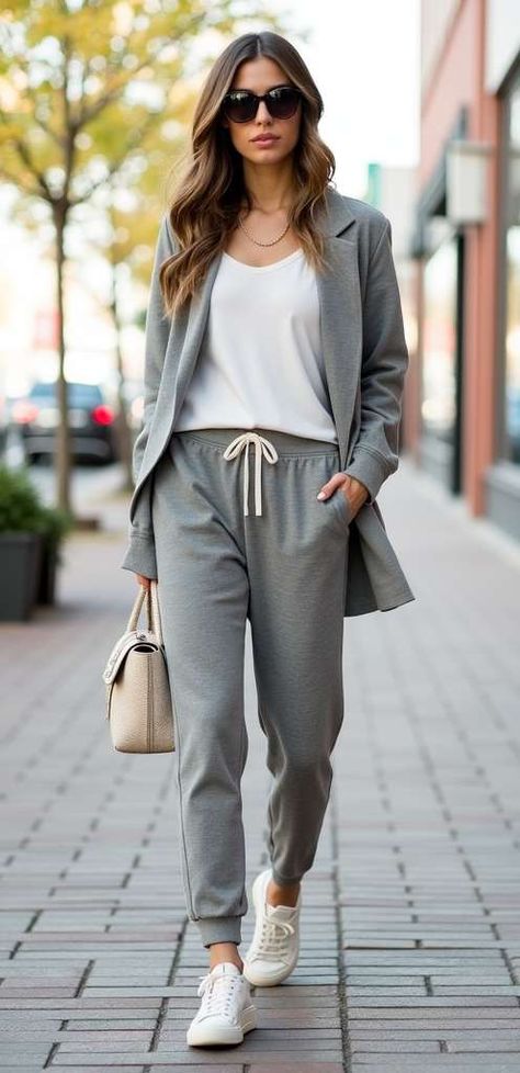 Find eight trendy ways to style grey sweatpants, transforming this casual piece into a fashionable and polished option for various settings. Sweatpants And Blazer Outfit, Gray Joggers Outfit, Gray Jeans Outfit Fall, Style Grey Sweatpants, Gray Jeans Outfit, Sweat Pants Outfits, Sweat Pants Outfit, Gray Sweatpants Outfit, Jeans Boots Outfit