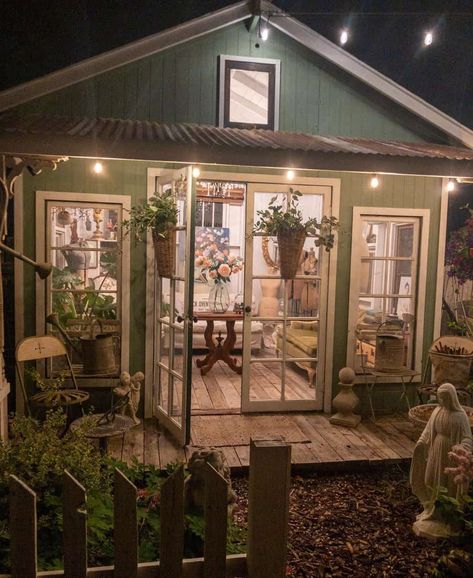 Witch She Shed Interior, She Shed Hangout Ideas, She Shed Chandelier, Renovated Shed House, Yoga Shed Ideas, She Shed Office Interior Ideas, She Shed Reading Nook, Guest Shed Ideas, Library Shed Backyards