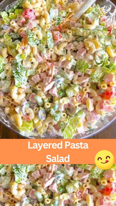 This layered pasta salad recipe is a must-try for any occasion! Packed with vibrant colors and flavors, it's a refreshing and satisfying dish that's ideal for potlucks, picnics, or as a light meal. Made with simple ingredients like macaroni pasta, crisp romaine lettuce, savory ham, and a creamy dressing, this salad is easy to assemble and guaranteed to impress. Whip it up for your next gathering and watch it disappear in no time! Salad Supreme Pasta Salad, Romaine Lettuce Recipe, Macaroni Salad With Ham, Ham Pasta Salad, Layered Pasta, Ham Salad Recipes, Health Meal Prep, Savory Ham, Ham Pasta