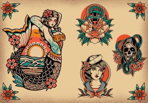 Traditional Mermaid Tattoos, Sailor Jerry Tattoo Flash, Draw Aesthetic, Sailor Jerry Tattoos, Aesthetic Old, Tattoo Photography, Old School Tattoo Designs, Mermaid Tattoo, Mermaid Tattoos