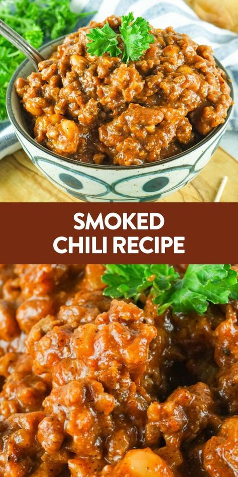 Smoked chili takes the classic and kicks it up with a delicious, deep smoky flavor. Perfect for barbecues, tailgating, or anytime you want to enjoy a beefy bowl of chili. #chilirecipe #recipe #dinner Smoker Chili Recipe, Smoked Chili On Smoker, Hamburger Chili Recipe, Smoked Chili Recipe, 21 Day Fix Chili, Smoked Hamburgers, Chili Contest, Bowl Of Chili, Smoked Chili