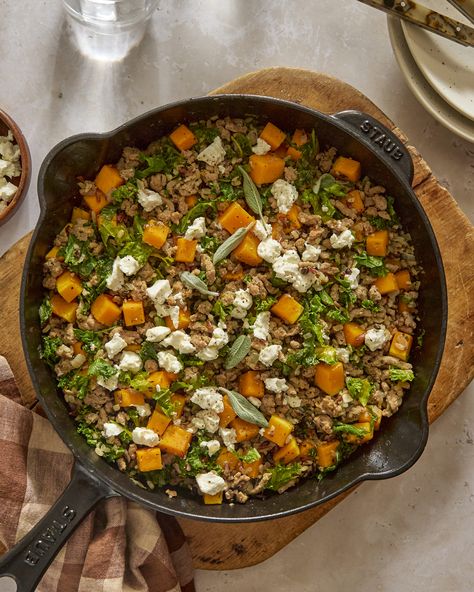 Fall Turkey Skillet - Brocc Your Body Brocc Your Body, Turkey Skillet, Butternut Squash Sweet, Sweet Potato Skillet, High Protein Dinner, Japanese Sweet Potato, Protein Dinner, Trader Joes Recipes, One Skillet