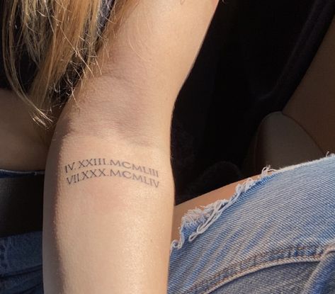 Roman Numeral Tattoo Ideas For Women, Roman Numeral Wrist Tattoos For Women, Birthdate Tattoo Ideas Roman Numerals, Roman Numeral Tattoo Arm, Roman Numeral Wrist Tattoo, Roman Numeral Font, Roman Numeral Date Tattoo, Dates Tattoo, Mia Tattoo