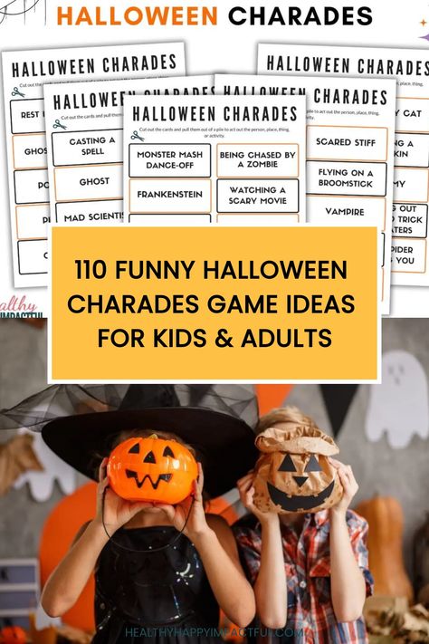 110 funny Halloween charades game ideas for kids & adults displayed with charades cards and children holding carved pumpkins. Halloween Games For Fifth Graders, Halloween Charades, Active Halloween Games For Kids, Halloween Charades For Kids, Halloween Charades For Teens, Charades Ideas Movies, Halloween Pictionary, Free Halloween Games, Halloween Pictionary Word List