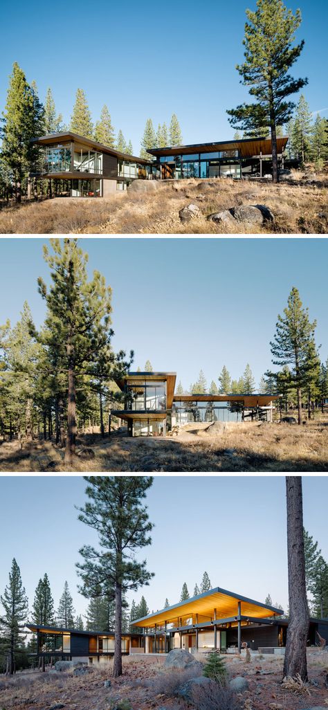 Stained Cedar Siding, L Shape House, House On A Slope, Stained Cedar, House In California, L Shaped House, Skillion Roof, Hidden Lighting, Sliding Wall