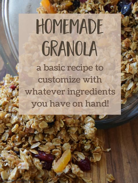 Finally a basic granola recipe that can be easily customized! Start with rolled oats, then add whatever nut and other other mix-ins (coconut, wheat germ etc...) you happen to have in your pantry. Sweeteners and oils can also be swapped out based on preferences and allergies. This recipe gives you the proportions you need to make delicious, healthy homemade granola the whole family will love! | #granola #homemadefood #breakfastideas #healthyrecipe #familyfood Basic Granola Recipe, Basic Granola, Homemade Granola Recipe, Homemade Granola Healthy, Mediterranean Breakfast, Granola Recipe Healthy, Granola Recipe Homemade, Granola Healthy, Granola Recipe