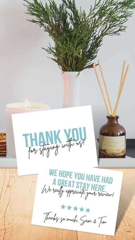 This is a double sided thank you card template that reminds your guests to leave a good review. 5 color options included. Easily customize this printable card template with your information and branding in Canva, and print it yourself at home or have it professionally printed. No software or experience needed. #airbnb #airbnbhosttips #airbnbthankyou #airbnbthankyounote #airbnbcard #airbnbhost #airbnbguest Host Airbnb, Airbnb Reviews, Airbnb Design, Airbnb Host, Air B And B, Thank You Card Template, Thank You Notes, Printable Cards, Reed Diffuser