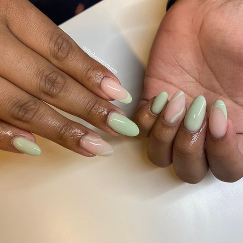 With the spring on our doorsteps, you're probably wondering what color choices and designs to go for when it comes to spring nails. If that's the case, then this article has lots of ideas for pastel green acrylic nails, pastel green coffin nails, and pastel green almond nails! Green Nails Pastel, Spring Nails Two Colors, Mint Gel Nails Ideas, Pastel Almond Nails Designs, Almond Nails Ideas Spring, Easter Green Nails, Macha Nails, Nails Pastel Green, Green Almond Nails Ideas