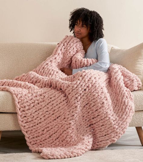 How To Make Bernat Blanket Extra Super Stocking Stitch Knit Blanket Online | JOANN Stocking Stitch Knitting, Wool Sofa, Chunky Knit Throw Blanket, Cable Knit Throw, Knitting Patterns Free Beginner, Bernat Blanket, Chenille Throw, Chunky Knit Throw, Knitted Blanket