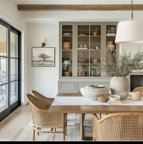 Peaceful Dining Room, Entry Dining Room Ideas, Dining Room Timeless, Full Dining Room Design, French Country Style Dining Room, Mcgee Dining Room Inspiration, Dining Room With White Walls, Dining Room With French Doors To Patio, Country Cottage Dining Room Ideas