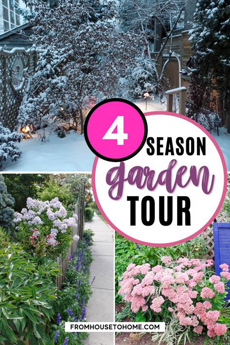 This flower garden tour has plant ideas to make your landscape design into an all season garden. A four season garden looks good all year round, and this one provides lots of garden pictures and inspiration. All Year Round Landscaping, 4 Season Garden, All Season Garden, Four Season Garden, Year Round Garden, Planning A Garden, Evergreen Bush, Perennial Flower, Climbing Hydrangea