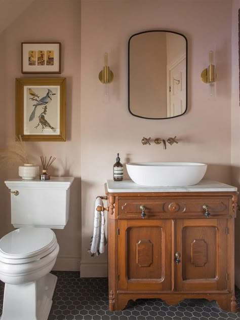 A Pro Renovator’s 6 Tips for Turning a Dresser Into a Bathroom Vanity Dresser Vanity Bathroom, 1920s House, Camera Car, Prince Edward County, Bedroom Renovation, Vintage Bathrooms, Pink Bathroom, Prince Edward, Vintage Bathroom