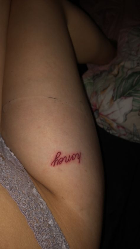 Writing His Name On My Thigh, Name Tattoo On Thigh For Women, Name Tattoo On Thigh, Small Tattoos On Thigh, Name On Thigh, Love Handle Tattoo, Pretty Thigh Tattoos For Women, Thigh Tattoos Women Writing, Thigh Pic Ideas