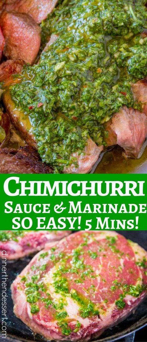 Chimichurri Sauce is an addicting, crazy easy marinade and sauce you'll enjoy all summer long that is the perfect topping (and marinade) to all things grilled. Dinner Then Dessert, Easy Marinades, Chimichurri Recipe, Chimichurri Sauce, Marinade Recipes, Steak Sauce, On The Grill, Homemade Sauce, It Goes On