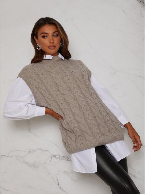 Chi Chi London Longline Sleeveless Knitted Jumper - Cream | very.co.uk Knit Gilet, Sleeveless Knitted Vest, Vest Jumper, Cable Knitwear, Leggings And Heels, Cable Knit Vest, Sleeveless Jumper, Latest Fashion Dresses, Chi Chi London