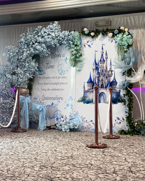 Book Backdrop 🩵 Cinderella Quinceañera Decor #booknow #backdrops #backdropforbirthday #partyideas #partyrnetals Cinderella Quince Theme Ideas, Diy Cinderella Party Decorations, Fairytale Quinceanera Theme Blue, Pink And Blue Quinceanera Decorations, Princess Themed Quinceanera, Blue Sweet 16 Theme, Once Upon A Time Quinceanera Theme, Disney Princess Sweet 16, Sweet 16 Disney Theme