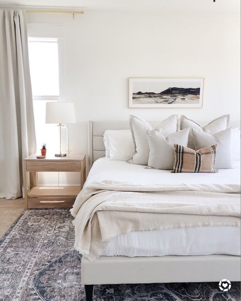 Bed Comforter Off White, Short Headboard Ideas, White Bed Neutral Pillows, Ivory Bed Spread, White Bedspread With Nutral Accent Pillows, White Nuetral Bedding, Headboard Nightstand, Cream Headboard, Short Headboard