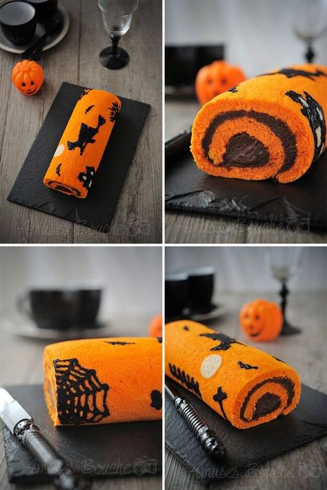 Pasteles Halloween, Dessert Halloween, Postres Halloween, Bricolage Halloween, Dulces Halloween, Swiss Roll Cake, Halloween Party Snacks, Halloween Fest, Halloween Pumpkins Painted