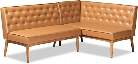 Baxton Studio Riordan Mid-Century Modern Tan Faux Leather Upholstered and Walnut Brown Finished Wood 2-Piece Dining Nook Banquette Set Dining Nook Banquette, Dining Sofa, Corner Bench, Brown Cushions, Leather Bench, Mid Century Modern Dining, Sofa Bench, Dining Benches, Baxton Studio