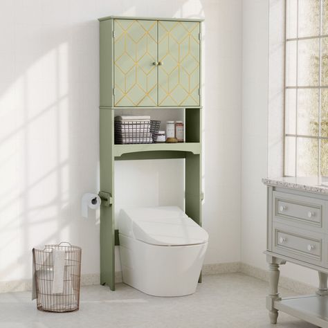 Latitude Run® Kynsey Freestanding Over The Toilet Storage & Reviews | Wayfair Above The Toilet Storage, Over The Toilet Storage, Upper Cabinet, Wood Organization, Organizing Bathroom Cabinets, Over The Toilet, Gold Geometric Pattern, Cabinet Shelving, Bathroom Storage Organization