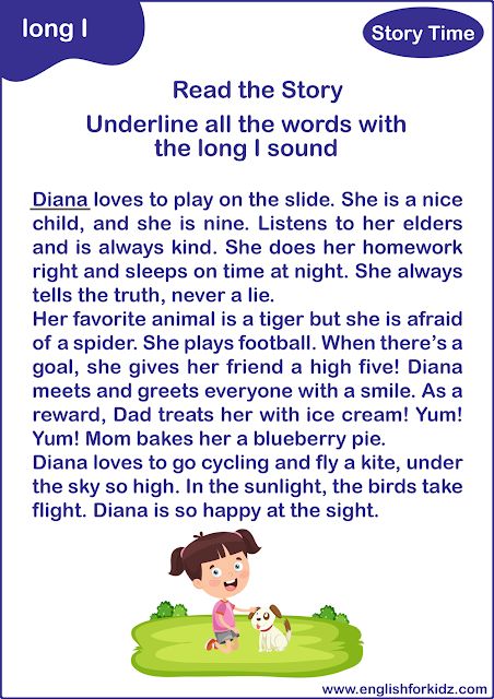 Printable long I reading passage - English phonics Long Vowels Reading Comprehension, Long A Sound Reading Fluency Passages, Long I Reading Passages, Long I Story Reading, Long A Reading Passages, Long Vowels Reading Passages, Long I Sound Words, I Sound Words, English Reading Skills