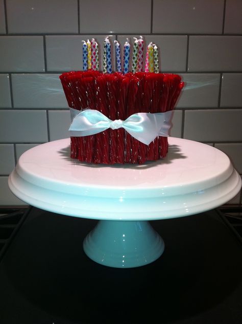 twizzler cake!! @Kailyn Murphy you better be makin me this for my next birthday! Twizzler Cake, Twizzlers Gift Ideas, Twizzler Gift Ideas, Nerds Candy Birthday Cake, Birthday Cake With Lots Of Candles, Licorice Cake, Candies Birthday Candle, Happy Birthday Candles Cake, Cute Birthday Gift