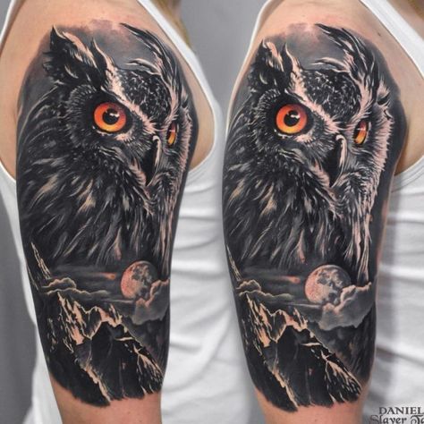 Black Owl Tattoo, Bird Shoulder Tattoos, Realistic Owl Tattoo, Owl Tattoo Sleeve, Bicep Tattoos, Poland Tattoo, Owl Tattoo Drawings, Slayer Tattoo, Cool Shoulder Tattoos