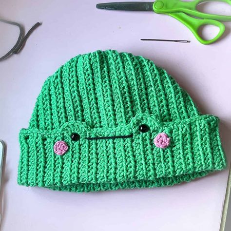 Crochet Frog Hat Pattern - thecaffeinatedsnail.com Crochet Frog Hat Pattern, Easy Crochet Beanie Pattern Free, Frog Hat Pattern, Crochet Frog Hat, Fall Crochet Projects, Crochet Beanie Pattern Free, Frog Hat, Hat Patterns Free, Crochet Shell Stitch