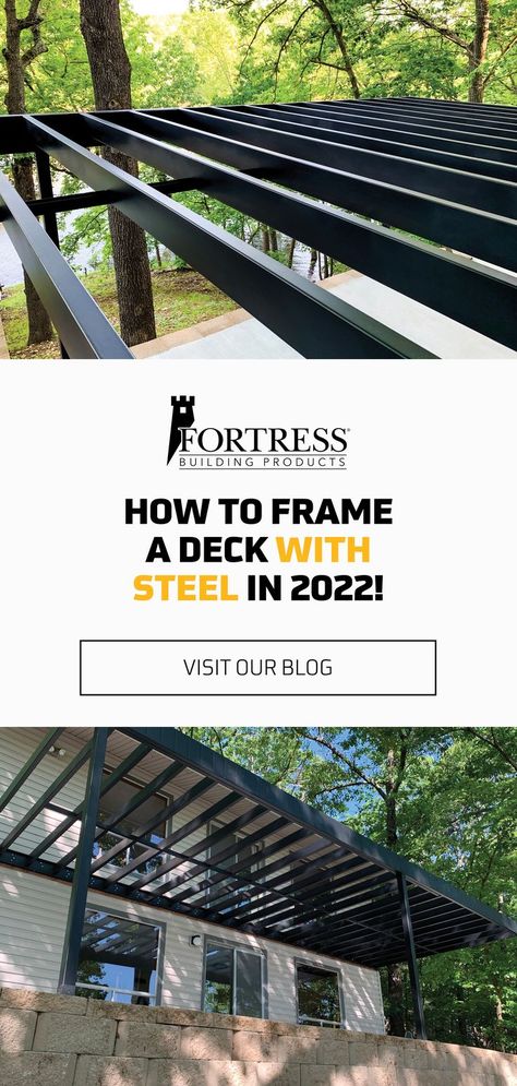 3 panel image. Top - top side of a steel deck frame. Middle - "How to Frame a Deck with Steel in 2022". Bottom - the underside view of a steel deck frame from the backyard Steel Deck Framing, Deck Framing, Steel Deck, House Construction Plan, House Construction, Construction Plan, Outdoor Decorating, Driveway Gate, Urban Oasis