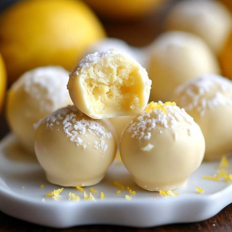 Easy Lemon Truffles Recipe | Desert Bites, Indian Fried Bread Recipe, Lemon Truffle Recipe, Lemon Truffle, Peach Cobbler Muffins, Lemon Truffles, Lover Tattoo, Crumb Cake Recipe, Yummy Deserts