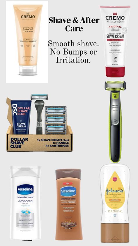 Cremo shave cream for smooth shave, no bumps or irritation. Dollar Shave Club Razor and Philips Norelco One Blade Electric Razor, smooth, close to skin shave and not irritation. Vaseline intensive care advanced repair lotion. Shave with Johnson’s baby oil for super smooth shave Vaseline Intensive Care, Dollar Shave Club, Skin Care Basics, After Care, Shave Cream, Smooth Shave, Butter Oil, Electric Razor, Japanese Stationery