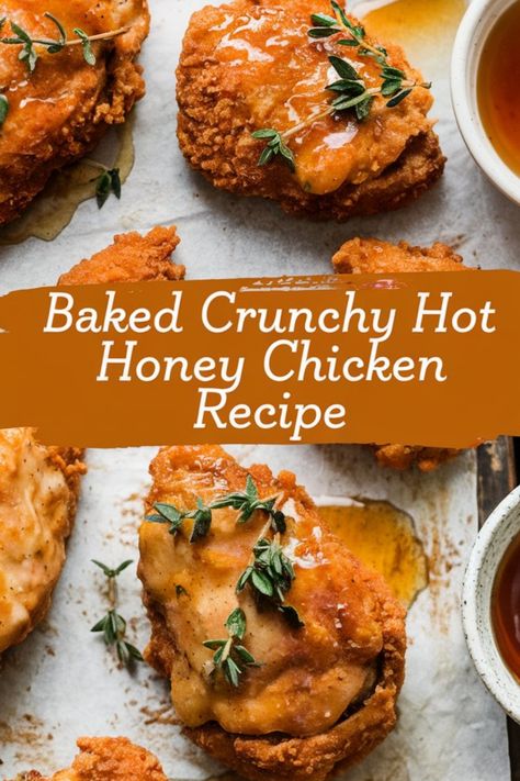 Baked crunchy hot honey chicken garnished with herbs on parchment paper. Hot Honey Baked Chicken, Hot Honey Chicken Recipe, Spicy Honey Chicken, Honey Baked Chicken, Hot Honey Recipe, Honey Wings, Baked Dish, Hot Honey Chicken, Honey Chicken Recipe