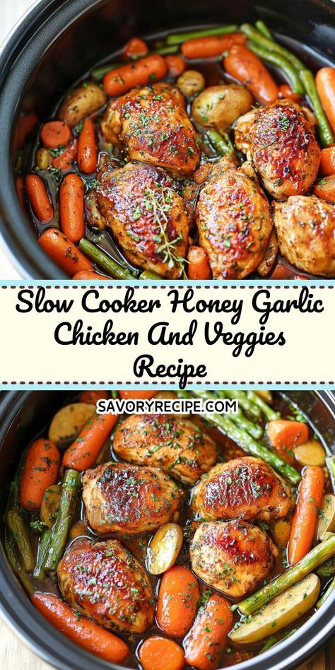 Want to impress your family with minimal effort? The Slow Cooker Honey Garlic Chicken and Veggies recipe offers a mouthwatering combination of flavors that everyone will love. Perfect for busy weeknights, make sure to save this crockpot recipe for an easy and satisfying meal anytime you need it! Slow Cook Chicken Recipes, Honey Garlic Chicken And Veggies, Honey Chicken Crockpot, Slow Cooker Honey Garlic Chicken, Crockpot Chicken Dinners, Crockpot Dinners Healthy, Chicken Crockpot Recipes Healthy, Crockpot Chicken Healthy, Chicken Crockpot Recipes Easy