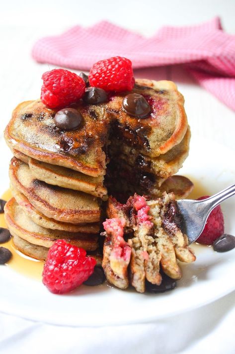 Raspberry Chocolate Chip Pancakes - My Recipe Magic #sweet #easy #raspberries Decadent Breakfast, Raspberry Pancakes, Lemon Press, Raspberry Chocolate Chip, Raspberry Chocolate, Chocolate Pancakes, Chocolate Chip Pancakes, Pancake Stack, Raspberry Sauce