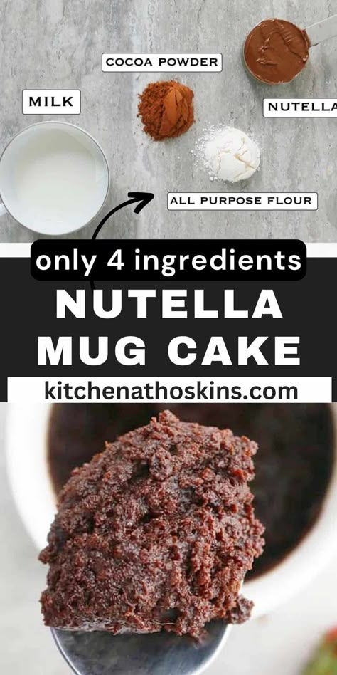 This Nutella Mug Cake cooks in 90 seconds! It is rich, deeply chocolatey, fudgy, and indulgently moist. All it takes is just 4 ingredients, to satisfy your chocolate craving! Vegan Mug Cake, Microwave Cake Recipe, Fcs Classroom, Cake Microwave, Nutella Recipe, Snacks Sweet, Nutella Mug Cake, Future Chef, Mug Cake Recipe